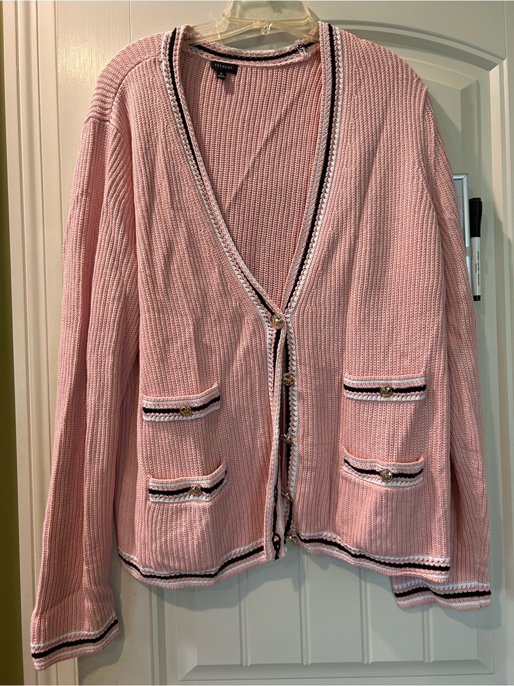 Talbots Pink Knit Cardigan with Black & White Trim